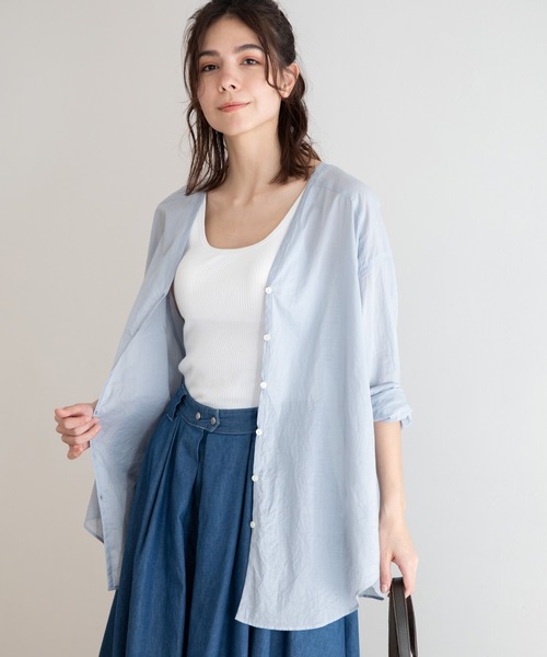 Munich（ミューニック）の「ウォッシュコットンローン　ノーカラーシャツブラウス（シャツ/ブラウス・レディース・ホワイト/ブラック/ライトベージュ/サックスブルー・FREE）」の5枚目の写真