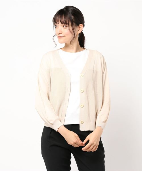 INTERPLANET(インタープラネット)の「編地変えVネックカーデ(カーディガン/ボレロ・レディース・グリーン/ネイビー/キャメル/アイボリー・FREE)」の2枚目の写真