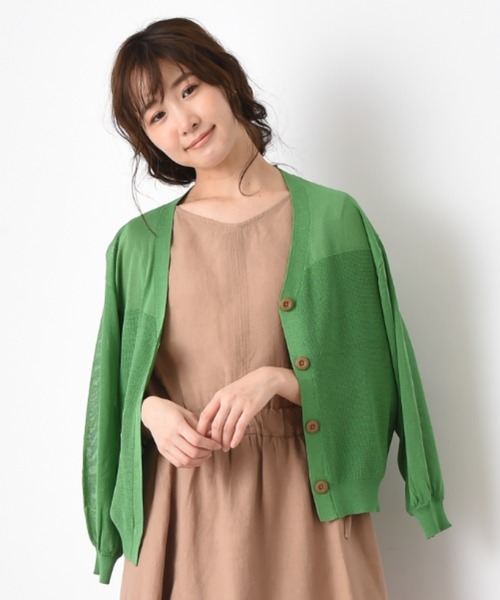INTERPLANET(インタープラネット)の「編地変えVネックカーデ(カーディガン/ボレロ・レディース・グリーン/ネイビー/キャメル/アイボリー・FREE)」の3枚目の写真