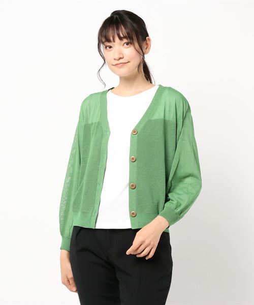 INTERPLANET(インタープラネット)の「編地変えVネックカーデ(カーディガン/ボレロ・レディース・グリーン/ネイビー/キャメル/アイボリー・FREE)」の7枚目の写真