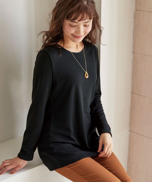 BELLUNA PLUS(ベルーナ)の「ポンチ素材ボーダープルオーバー(長袖)(Tシャツ/カットソー・レディース・ブラック/ホワイト×ブルー/パープル系その他/オレンジ系その他・MEDIUM/LARGE/X-LARGE)」の3枚目の写真