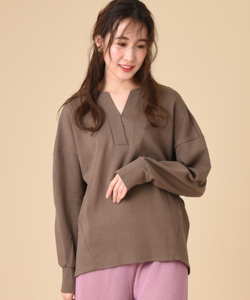 INTERPLANET（インタープラネット）の「ダブルカノコニット深Ｖプルオーバー（スウェット・レディース・グレー/オフホワイト/モカ・FREE）」の6枚目の写真