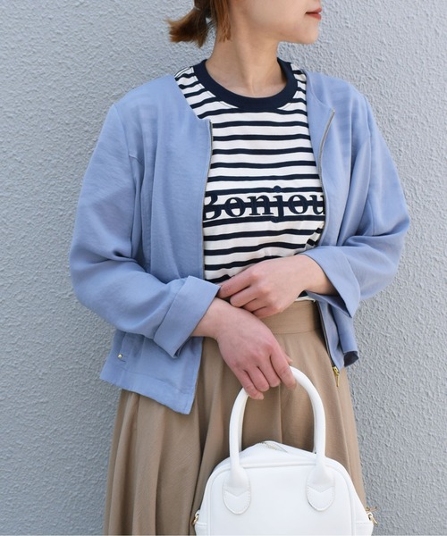 PICCIN（ピッチン）の「ジップアップノーカラージャケット（ノーカラージャケット・レディース・カーキ/グレイッシュベージュ/サックスブルー・M）」の3枚目の写真