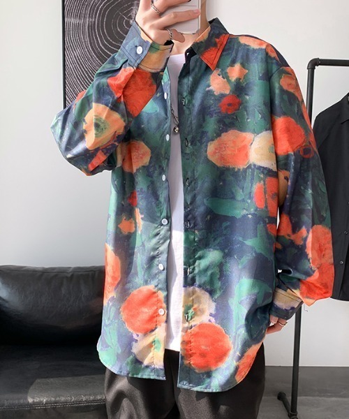 KOR（ケーオーアール）の「ビッグシルエット花柄シャツ 総柄シャツ（シャツ/ブラウス・メンズ・ホワイト/グリーン/ネイビー系/ネイビー系1・M/L/2XL/XL）」の4枚目の写真
