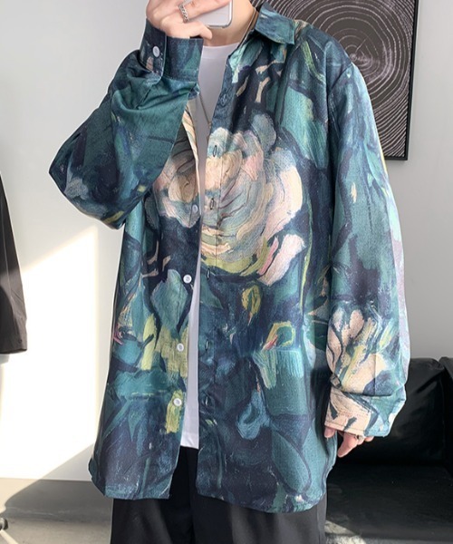 KOR（ケーオーアール）の「ビッグシルエット花柄シャツ 総柄シャツ（シャツ/ブラウス・メンズ・ホワイト/グリーン/ネイビー系/ネイビー系1・M/L/2XL/XL）」の2枚目の写真