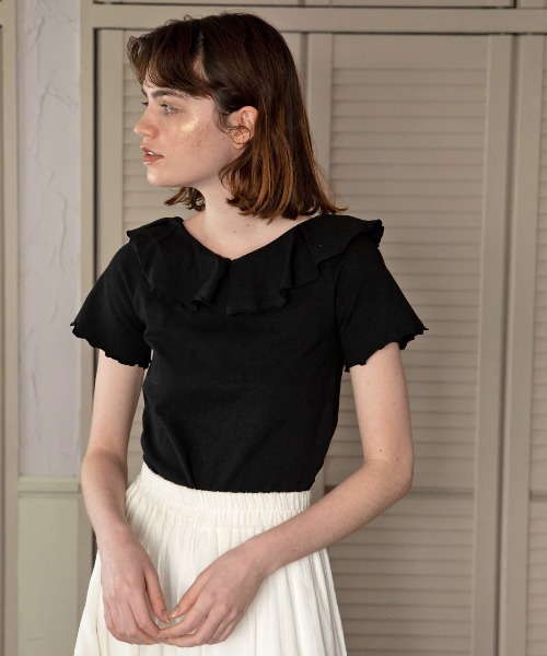 mangata(モンガータ)の「Front frill tee(Tシャツ/カットソー・レディース・ホワイト/ブラック・FREE)」の9枚目の写真