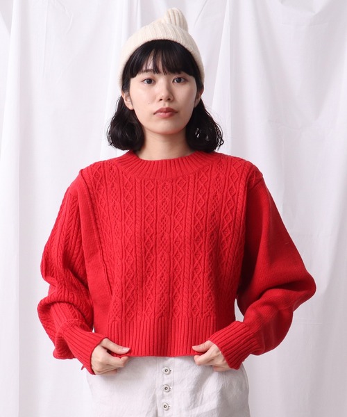 Lene（レネ）の「スパニッシュメリノ/アラン編み アシメプルオーバー（ニット/セーター・レディース・ブラック/キナリ/レッド・FREE）」の10枚目の写真