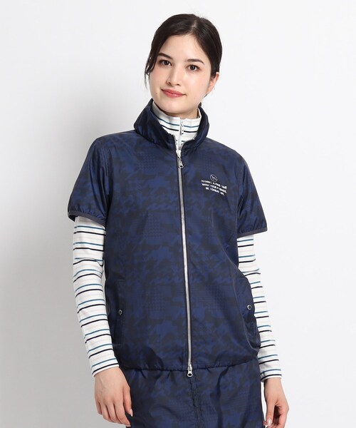 ◆千鳥柄プリント半袖アウター　撥水加工/蓄熱保温