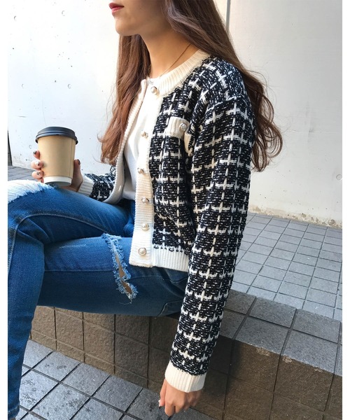 INGNI(イング)の「ツイードニットカーディガン/A(セットアップ対応)(カーディガン/ボレロ・レディース・ブラック系その他2/アイボリー系3/その他11/アイボリー系/ブラック系その他・M)」の2枚目の写真