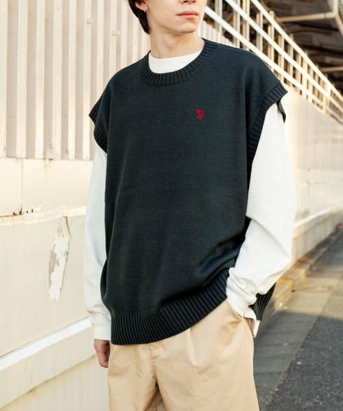 U.S. POLO ASSN.（ユーエスポロアッスン）の「∴WEGO/U.S. POLO ASSN. 別注 ルーズニットベスト（ベスト・メンズ・ダークグリーン/ベージュ/ブルー系その他/スミクロ/グリーン・MEDIUM/LARGE）」の10枚目の写真