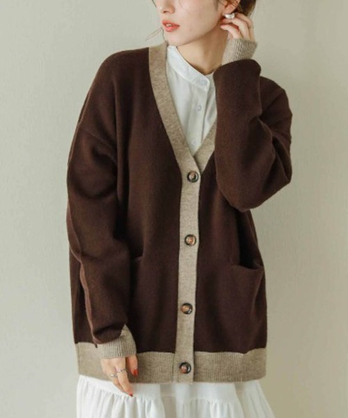 La-gemme（ラジェム）の「バイカラーニットカーディガン（カーディガン/ボレロ・レディース・ブラック/グレー/ベージュ/ブラウン/ブルーグリーン/ダークブラウン・フリー）」の4枚目の写真