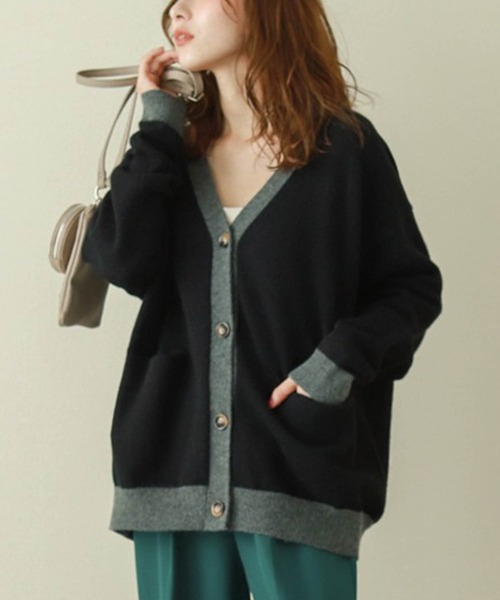 La-gemme（ラジェム）の「バイカラーニットカーディガン（カーディガン/ボレロ・レディース・ブラック/グレー/ベージュ/ブラウン/ブルーグリーン/ダークブラウン・フリー）」の2枚目の写真