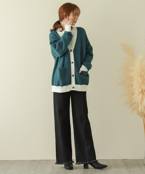 La-gemme（ラジェム）の「バイカラーニットカーディガン（カーディガン/ボレロ・レディース・ブラック/グレー/ベージュ/ブラウン/ブルーグリーン/ダークブラウン・フリー）」の15枚目の写真