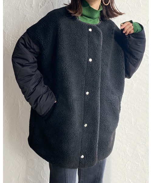 She's Closet（シーズクローゼット）の「ボアキルティングリバーシブル中綿ミドル丈ノーカラーコート（ノーカラーコート・レディース・ブラック/アイボリー/カーキ/グレイッシュベージュ・FREE）」の5枚目の写真