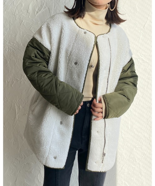 She's Closet（シーズクローゼット）の「ボアキルティングリバーシブル中綿ミドル丈ノーカラーコート（ノーカラーコート・レディース・ブラック/アイボリー/カーキ/グレイッシュベージュ・FREE）」の10枚目の写真