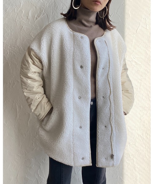 She's Closet（シーズクローゼット）の「ボアキルティングリバーシブル中綿ミドル丈ノーカラーコート（ノーカラーコート・レディース・ブラック/アイボリー/カーキ/グレイッシュベージュ・FREE）」の12枚目の写真