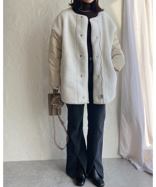 She's Closet（シーズクローゼット）の「ボアキルティングリバーシブル中綿ミドル丈ノーカラーコート（ノーカラーコート・レディース・ブラック/アイボリー/カーキ/グレイッシュベージュ・FREE）」の14枚目の写真