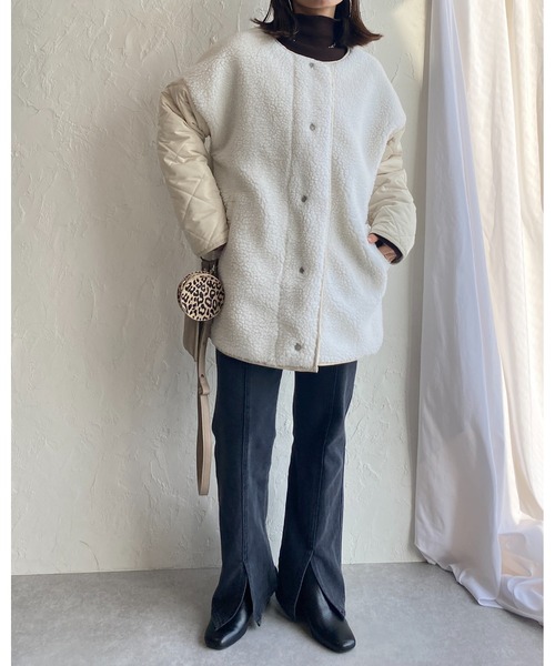 She's Closet（シーズクローゼット）の「ボアキルティングリバーシブル中綿ミドル丈ノーカラーコート（ノーカラーコート・レディース・ブラック/アイボリー/カーキ/グレイッシュベージュ・FREE）」の17枚目の写真