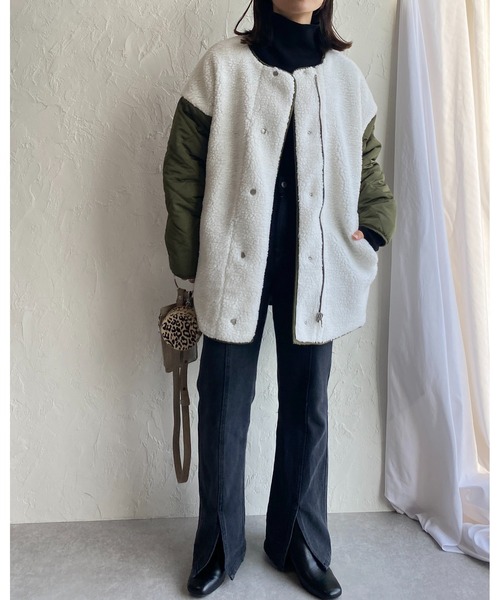 She's Closet（シーズクローゼット）の「ボアキルティングリバーシブル中綿ミドル丈ノーカラーコート（ノーカラーコート・レディース・ブラック/アイボリー/カーキ/グレイッシュベージュ・FREE）」の20枚目の写真