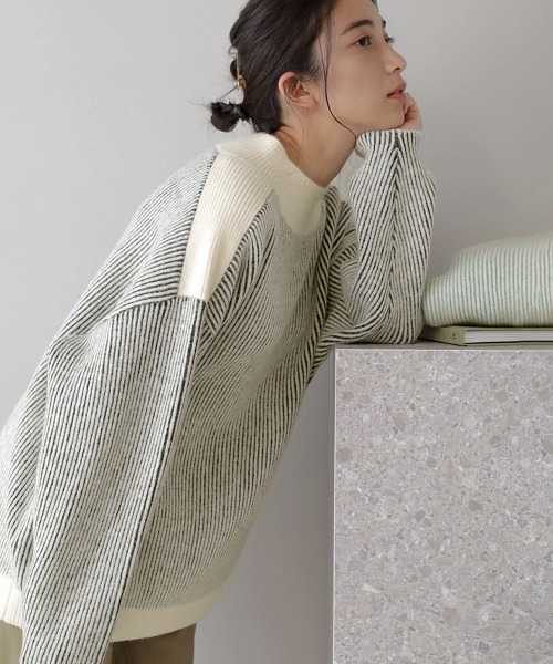 Bou Jeloud(ブージュルード)の「配色リブ編みニット(ニット/セーター・レディース・ネイビー/ブラウン/オレンジ/グリーン・FREE)」の3枚目の写真