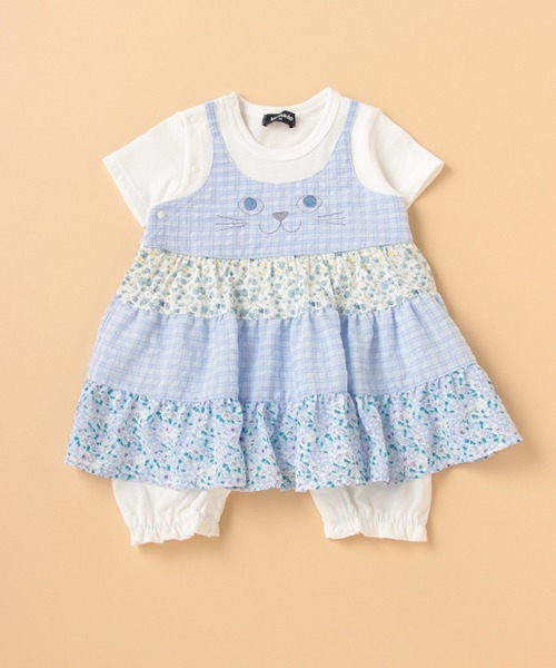 kladskap（クレードスコープ）の「ネコ顔ワンピース風半袖カバーオール（ロンパース・キッズ・サックスブルー/ライトピンク・70cm/80ｃｍ）」の2枚目の写真