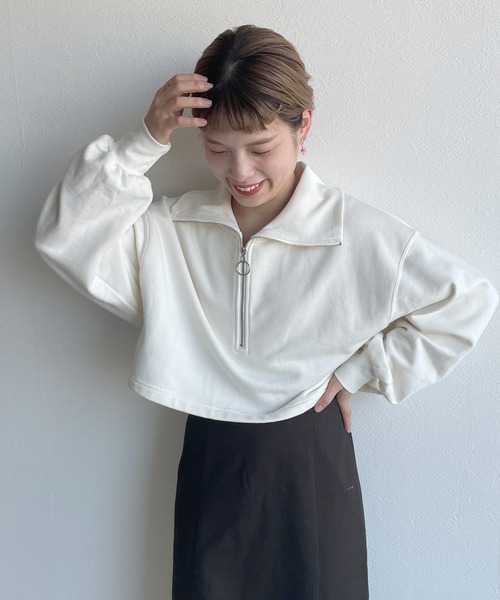 w closet（ダブルクローゼット）の「ハーフZIPクロップドスウェット（スウェット・レディース・オフホワイト/オレンジ/グリーン・FREE）」の9枚目の写真