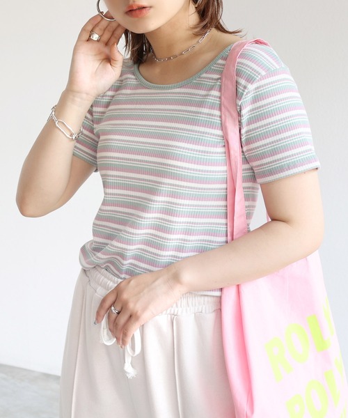 andme(アンドミー)の「テレコリブ半袖前後2wayTシャツ(Tシャツ/カットソー・レディース・ブラック/オフホワイト/パープル/ライトグリーン/ネイビー系/グリーン系/スモーキーグリーン系・M)」の1枚目の写真