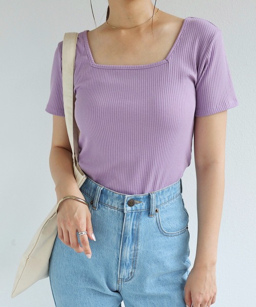 andme(アンドミー)の「テレコリブ半袖前後2wayTシャツ(Tシャツ/カットソー・レディース・ブラック/オフホワイト/パープル/ライトグリーン/ネイビー系/グリーン系/スモーキーグリーン系・M)」の7枚目の写真