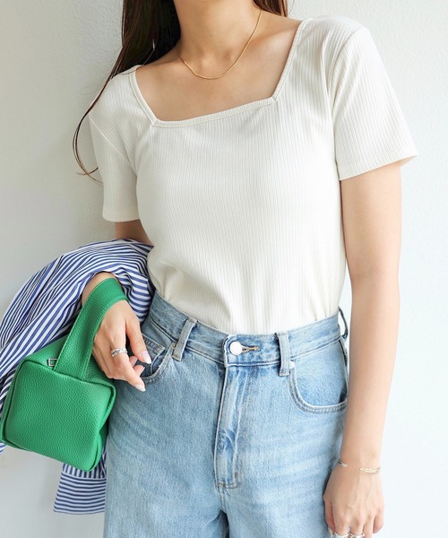 andme(アンドミー)の「テレコリブ半袖前後2wayTシャツ(Tシャツ/カットソー・レディース・ブラック/オフホワイト/パープル/ライトグリーン/ネイビー系/グリーン系/スモーキーグリーン系・M)」の2枚目の写真