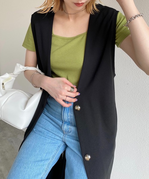andme(アンドミー)の「テレコリブ半袖前後2wayTシャツ(Tシャツ/カットソー・レディース・ブラック/オフホワイト/パープル/ライトグリーン/ネイビー系/グリーン系/スモーキーグリーン系・M)」の4枚目の写真