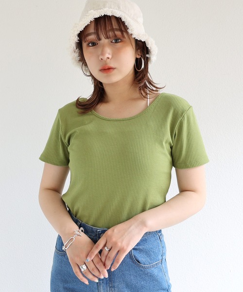 andme(アンドミー)の「テレコリブ半袖前後2wayTシャツ(Tシャツ/カットソー・レディース・ブラック/オフホワイト/パープル/ライトグリーン/ネイビー系/グリーン系/スモーキーグリーン系・M)」の8枚目の写真