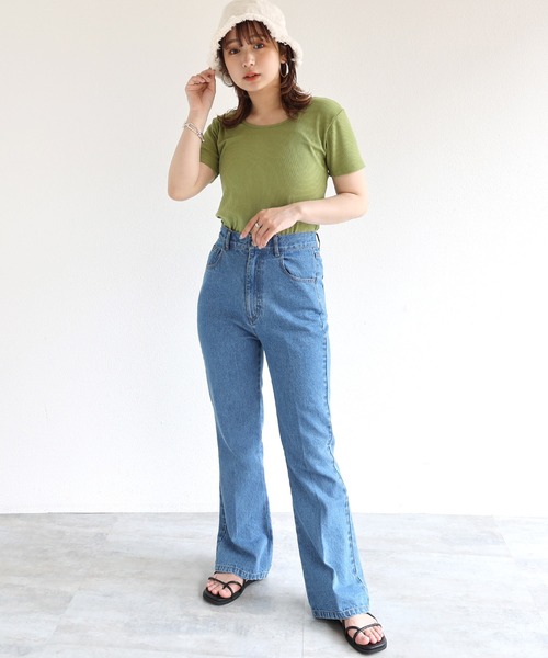 andme(アンドミー)の「テレコリブ半袖前後2wayTシャツ(Tシャツ/カットソー・レディース・ブラック/オフホワイト/パープル/ライトグリーン/ネイビー系/グリーン系/スモーキーグリーン系・M)」の9枚目の写真