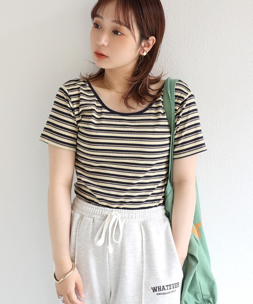 andme(アンドミー)の「テレコリブ半袖前後2wayTシャツ(Tシャツ/カットソー・レディース・ブラック/オフホワイト/パープル/ライトグリーン/ネイビー系/グリーン系/スモーキーグリーン系・M)」の13枚目の写真
