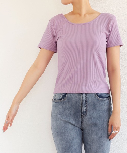 andme(アンドミー)の「テレコリブ半袖前後2wayTシャツ(Tシャツ/カットソー・レディース・ブラック/オフホワイト/パープル/ライトグリーン/ネイビー系/グリーン系/スモーキーグリーン系・M)」の20枚目の写真
