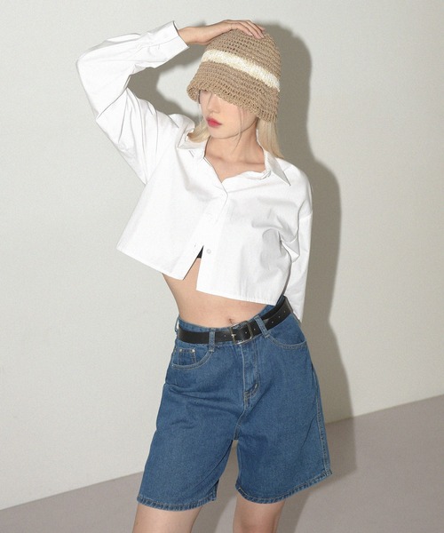 FOLLOWIN（フォロウィン）の「ベルトSETデニムワイドハーフパンツ（デニムパンツ・レディース・ライトブルー/ブルー・SMALL/MEDIUM/LARGE）」の2枚目の写真