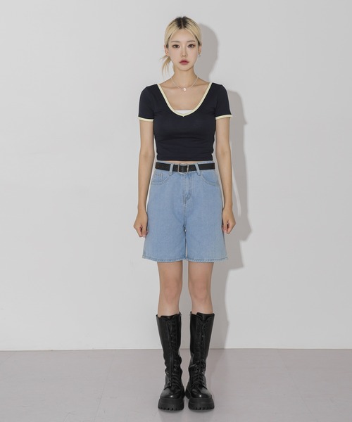 FOLLOWIN（フォロウィン）の「ベルトSETデニムワイドハーフパンツ（デニムパンツ・レディース・ライトブルー/ブルー・SMALL/MEDIUM/LARGE）」の3枚目の写真