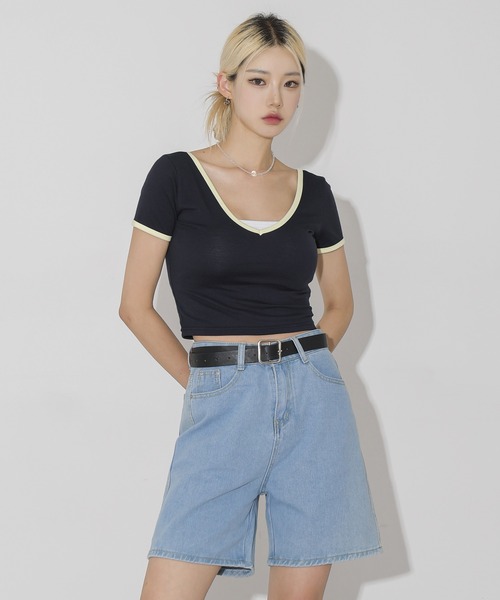 FOLLOWIN（フォロウィン）の「ベルトSETデニムワイドハーフパンツ（デニムパンツ・レディース・ライトブルー/ブルー・SMALL/MEDIUM/LARGE）」の4枚目の写真