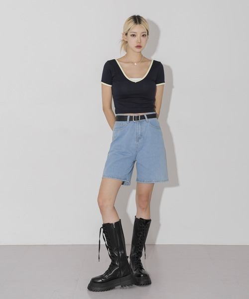 FOLLOWIN（フォロウィン）の「ベルトSETデニムワイドハーフパンツ（デニムパンツ・レディース・ライトブルー/ブルー・SMALL/MEDIUM/LARGE）」の6枚目の写真