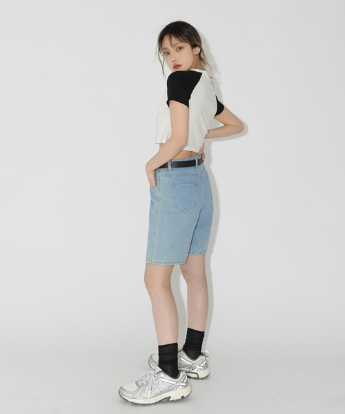 FOLLOWIN（フォロウィン）の「ベルトSETデニムワイドハーフパンツ（デニムパンツ・レディース・ライトブルー/ブルー・SMALL/MEDIUM/LARGE）」の12枚目の写真