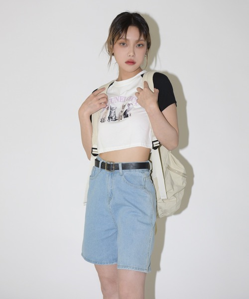 FOLLOWIN（フォロウィン）の「ベルトSETデニムワイドハーフパンツ（デニムパンツ・レディース・ライトブルー/ブルー・SMALL/MEDIUM/LARGE）」の14枚目の写真