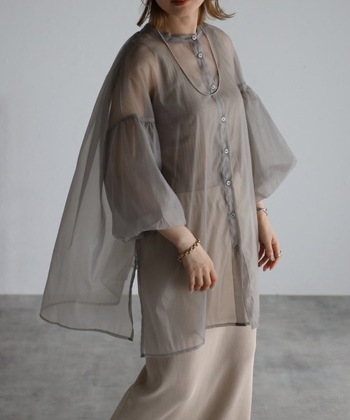 Bonjour Sagan（ボンジュールサガン）の「バックギャザーシアーシャツ（Tシャツ/カットソー・レディース・ライトグレー/ブラック/ライトベージュ・FREE）」の3枚目の写真