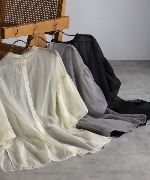 Bonjour Sagan（ボンジュールサガン）の「バックギャザーシアーシャツ（Tシャツ/カットソー・レディース・ライトグレー/ブラック/ライトベージュ・FREE）」の7枚目の写真