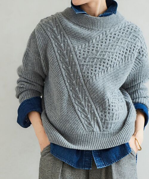 le.coeur blanc（ルクールブラン）の「パッチワークケーブルニットプルオーバー（ニット/セーター・レディース・ブラック/アイボリー/グレー・38）」の3枚目の写真