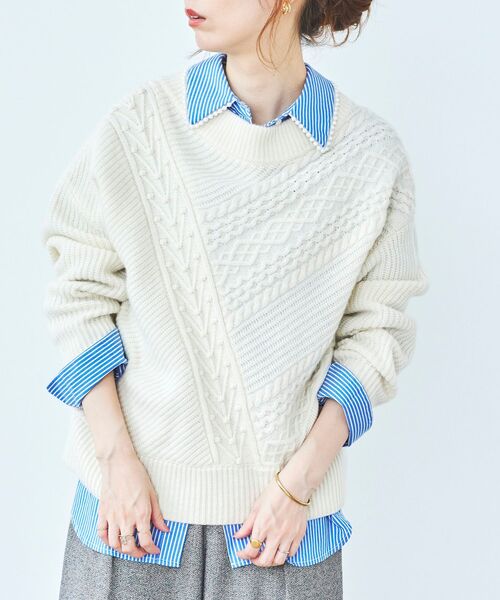 le.coeur blanc（ルクールブラン）の「パッチワークケーブルニットプルオーバー（ニット/セーター・レディース・ブラック/アイボリー/グレー・38）」の2枚目の写真