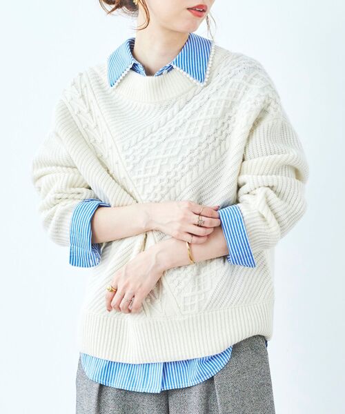 le.coeur blanc（ルクールブラン）の「パッチワークケーブルニットプルオーバー（ニット/セーター・レディース・ブラック/アイボリー/グレー・38）」の8枚目の写真