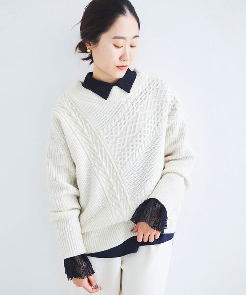le.coeur blanc（ルクールブラン）の「パッチワークケーブルニットプルオーバー（ニット/セーター・レディース・ブラック/アイボリー/グレー・38）」の16枚目の写真