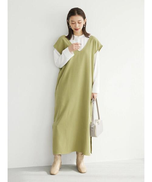 Petit fleur(プチフルール)の「・Petit Fleur Vネックワンピース(ジャンパースカート・レディース・ライトカーキ/グレイッシュベージュ/ブラウン/ブラック・FREE)」の5枚目の写真