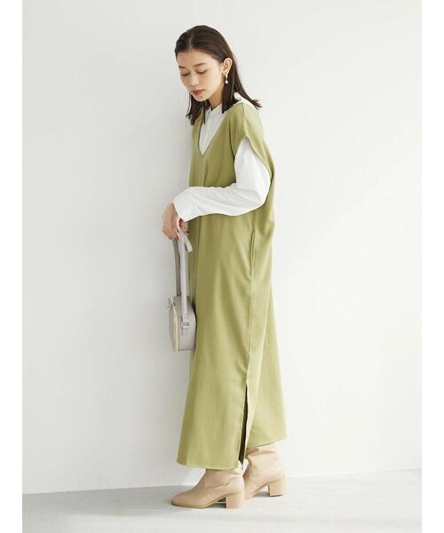 Petit fleur(プチフルール)の「・Petit Fleur Vネックワンピース(ジャンパースカート・レディース・ライトカーキ/グレイッシュベージュ/ブラウン/ブラック・FREE)」の6枚目の写真