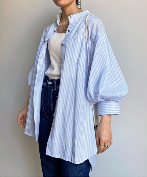 CPCM（シーピーシーエム）の「Wボタンストライプ袖ボリュームブラウス（シャツ/ブラウス・レディース・ネイビー/オレンジ/サックスブルー/グリーン・FREE）」の9枚目の写真