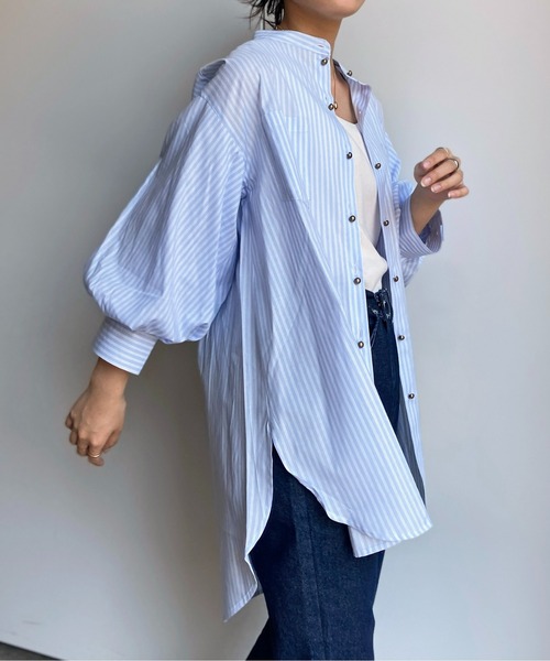 CPCM（シーピーシーエム）の「Wボタンストライプ袖ボリュームブラウス（シャツ/ブラウス・レディース・ネイビー/オレンジ/サックスブルー/グリーン・FREE）」の12枚目の写真